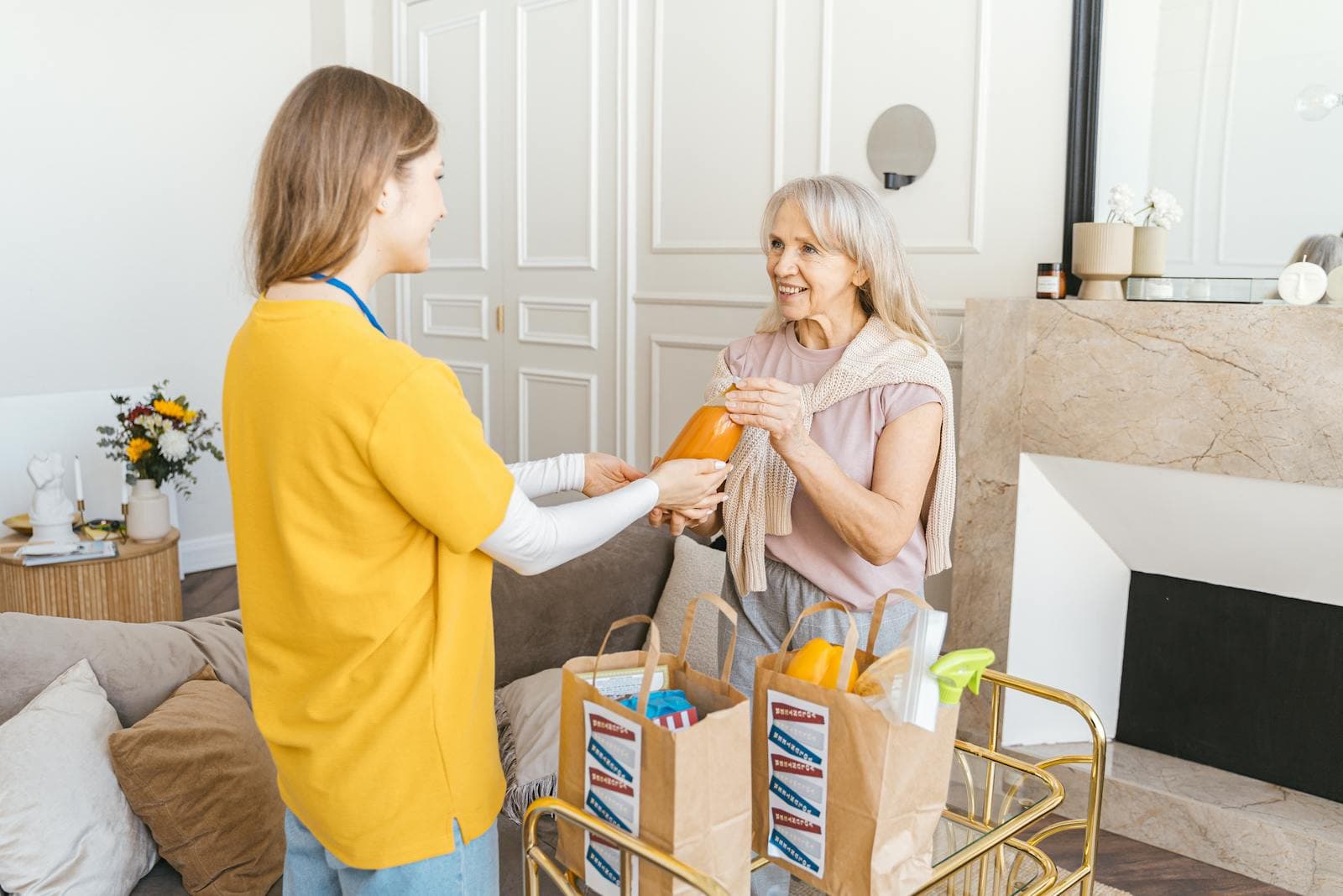 Companion caregiver delivers groceries to a senior woman at her home, illustrating in-home comfort care.
